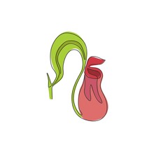One Continuous Line Drawing Of Beauty Fresh Nepenthes For Home Wall Art Decor Poster Print. Decorative Tropical Pitcher Plant Concept For Invitation Card. Single Line Draw Design Vector Illustration