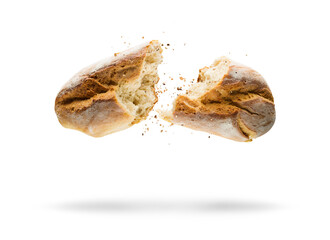 Wall Mural - Fresh crunchy baked bread opened on white background.