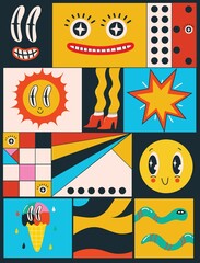 Sticker - Big Set of Different colored Vector illustartions for posters in Cartoon Flat design. Hand drawn Abstract shapes, different texture funny Comic characters.