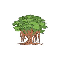 Wall Mural - One continuous line drawing shady and leafy banyan tree for wall decor home art poster print. Decorative ficus benghalensis plant for national park logo. Single line draw design vector illustration