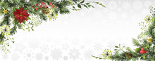 Christmas, New Year Banner Or Background With Corner Decor. Winter Holidays Background With Fir Branches, Poinsettia Flower, Berries And Cones.