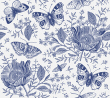 Seamless Pattern Flowers. Butterflies Peacock Moths Insect Fly. Blooming Poppy Poppies Realistic Isolated. Vintage Fabric Background. Set Wildflowers. Drawing Engraving. Vector Victorian Illustration