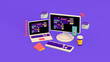 3d illustration about coding, development, code and programming. Monitor and laptop with multi-colored lines of algorithms, and next to it there is a cup of coffee, smartphone, folders and a keyboard