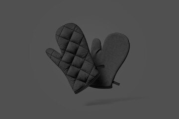 Blank black oven mitt mockup front and back, dark background