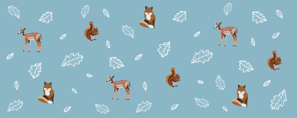 Animals and leaves. Fox, deer and squirrel. Wild forest animal and automn/winter. Vector illustration. All elements are editabled and isolated.	
