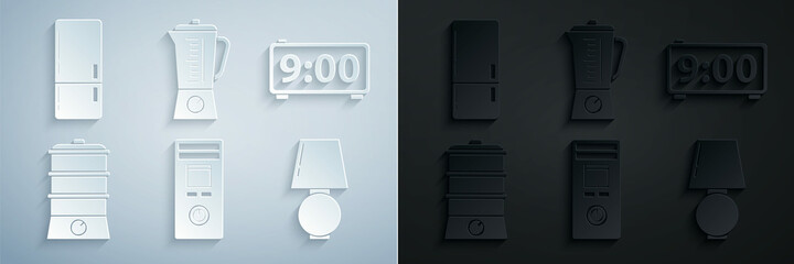 Sticker - Set Remote control, Digital alarm clock, Double boiler, Table lamp, Blender and Refrigerator icon. Vector