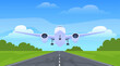 Plane take off from runway front view vector flat illustration. Airliner airplane flying from land