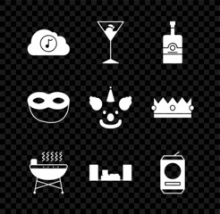 Sticker - Set Music streaming service, Martini glass, Whiskey bottle, Barbecue grill, Home stereo with two speakers, Beer can, Festive mask and Clown head icon. Vector