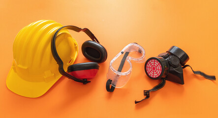 Wall Mural - Work wear safety protection equipment, orange color background, personal protective gear