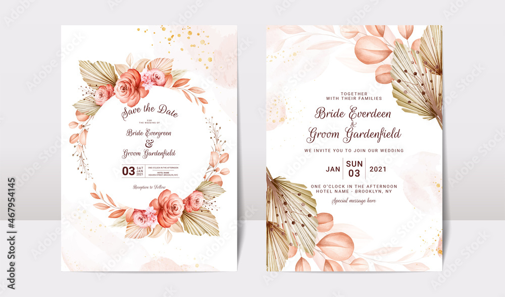 Floral wedding invitation template set with brown and peach roses ...