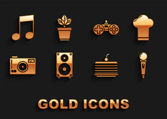 Poster - Set Stereo speaker, Chef hat, Microphone, Cake, Photo camera, Gamepad, Music note, tone and Flowers in pot icon. Vector