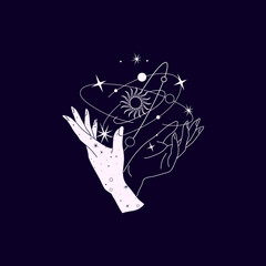 Wall Mural - Spiritual esoteric magic logo or talisman with woman hands in silhouette style with stars, sacred geometry moon and sun. Alchemy mystic tattoo object logo template. Vector