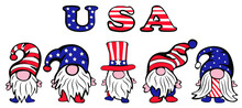 Patriotic Gnomes Set With Stars And Stripes On White Background. USA Independence Day. Vector Illustration In Doodle Style.