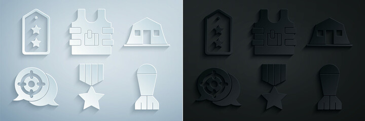 Sticker - Set Military reward medal, barracks, Target sport, Aviation bomb, Bulletproof vest and rank icon. Vector