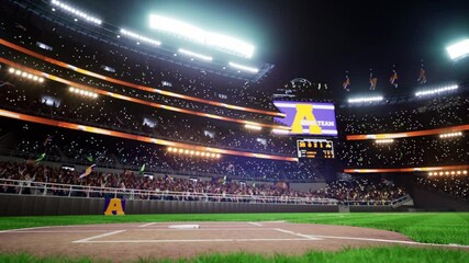 Wall Mural - empty stadium arena with animated fans crowd in the night lights. waving flags around. High quality 4k footage render