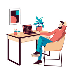 Person looking code on computer. Man working or studying at home using a laptop, cozy minimalism, plant, abstract painting, paper cup of coffee. Home office concept. Red and beige colors