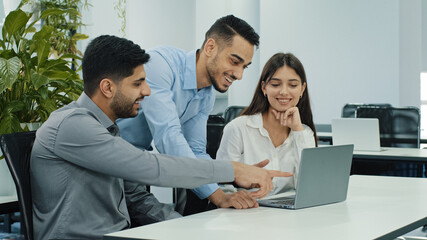 friendly creative diverse colleagues team discuss online project use computer at workplace, multirac