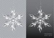 Vector realistic transparent Christmas snowflake decoration on a light abstract background. Glass sparkling translucent crystals