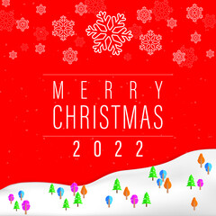 Happy Christmas. Merry Christmas 2022 text with snowflakes and Christmas tree decoration for greeting card Happy New Year Christmas. Square frame.