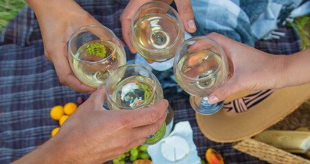 Wall Mural - People friends on a picnic drink wine. Selective focus.