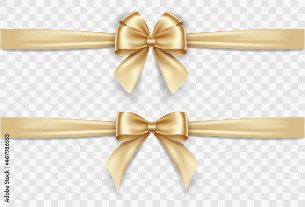 Set of satin decorative golden bows with horizontal yellow ribbon ...