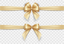 Set Of Satin Decorative Golden Bows With Horizontal Yellow Ribbon Isolated On White Background. Vector Gold Bow And Gold Ribbon