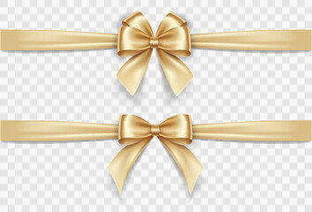 Wall Mural - Set of satin decorative golden bows with horizontal yellow ribbon isolated on white background. Vector gold bow and gold ribbon