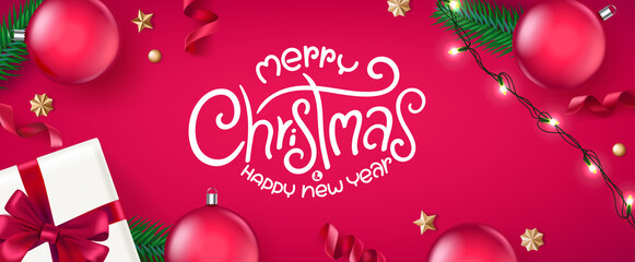 Aufkleber - Christmas flat lay background with holiday elements and lettering inscription