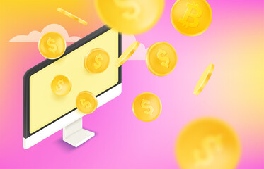 Aufkleber - Receiving income using personal computer. Vector concept with gold coins