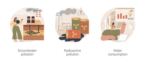 Wall Mural - Environmental problem abstract concept vector illustration set. Groundwater pollution, radioactive hazardous waste, water consumption, toxic trash, chemical pollutant in soil abstract metaphor.