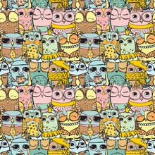 Seamless Pattern Cute Cartoon Colorful Owl Are Looking To You,illustration Vector Comic Art For Card.