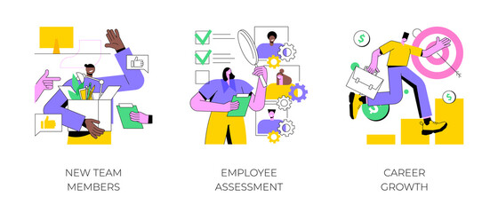 Poster - career development abstract concept vector illustration set. new team members, employee assessment, 