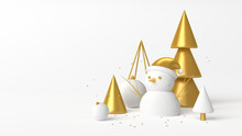 Christmas Snowman With Golden Trees And Balls On White Background. 3d Rendering.