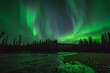 The aurora borealis or northern lights appear in the fall over the Chatanika River near Fairbanks, Alaska. 