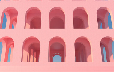 Leinwandbilder - 3d rendering. Arch hallway pink geometric background, architectural corridor, arch columns, empty wall. ancient housing Banner for travel presentations