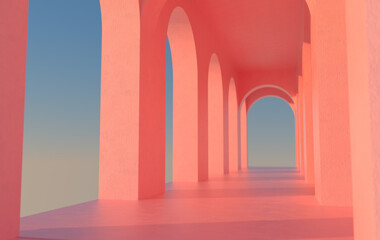 Leinwandbilder - 3d rendering. Arch hallway pink geometric background, architectural corridor, arch columns, empty wall. ancient housing Banner for travel presentations