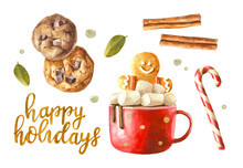 Watercolor Illustration, Painting. Isolated Elements, White Background. Cup With Marshmallows, Gingerbread Man. Candy Cane, Cinnamon, Homemade Chocolate Biscuits. Handwritten Lettering Happy Holidays.