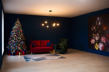 Wall Mural - Interior of luxury dark living room with comfortable sofa and modern chandelier decorated with Christmas tree and gifts