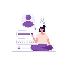 Woman Creating New Account With Login And Secure Password. Registration User Interface. Users Register Online. Concept Of Online Registration, Sign In, Sign Up. Vector Illustration In Flat For App, UI