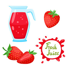 Wall Mural - Cartoon bright strawberries and jug with juice isolated on white.