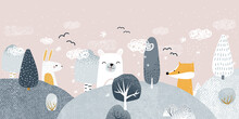 Cute Pastel Winter Forest Landscape With Animals. Childish Trendy Print. Vector Hand Drawn Illustration.