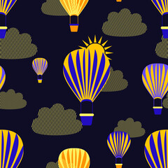  Beautiful multicolored balloons in the night sky with yellow clouds. Modern seamless pattern of festival balloons for trendy textiles and paper products. Vector.