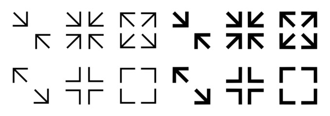 Full screen icons set vector.Full screen icon set. Maximize and minimize. Video size. Screen size.Full size screen icon on white background.Vector illustration