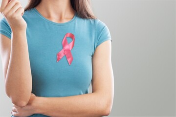 Sticker - Breast Cancer Awareness month, Woman with Pink Ribbon for supporting people living and illness.