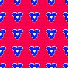 Blue Baby Clothes Icon Isolated Seamless Pattern On Red Background. Baby Clothing For Baby Girl And Boy. Baby Bodysuit. Vector