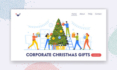 Sticker - Corporate Christmas Gifts Landing Page Template. Happy Business Characters Decorate Christmas Tree Together in Office