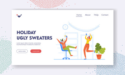 Wall Mural - Holiday Ugly Sweaters Landing Page Template. Xmas Celebration in Office, Happy Business People Celebrate Christmas Party