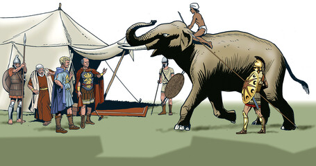 Wall Mural - Ancient Rome - A gigantic elephant, making a terrible trumpeting and threateningly raising its trunk, appeared in front of the tent where Fabricius and Pyrrhus were conversing