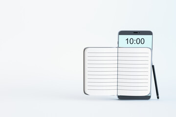 Poster - Abstract cellphone with notepad and pen on white background with mock up place. Phone notes and organizer concept. 3D Rendering.