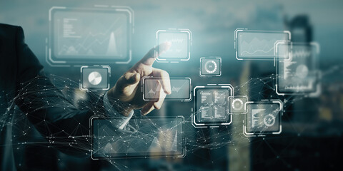 Poster - Close up of businessman hand pointing at creative business chart hologram on blurry city background. Innovation, finance, trade, future, ai and technology concept. Double exposure.